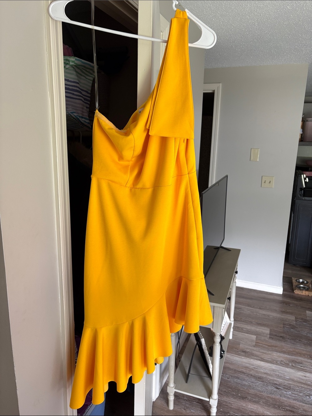 Tea n Cup One-Shoulder Golden Yellow Ruffle-Hem Dress